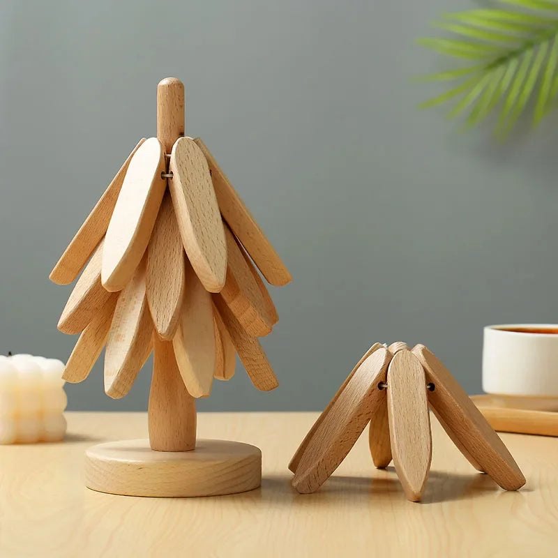 4PCS Tree Design Stand Bamboo Wooden Trivets Decorative Anti Scald