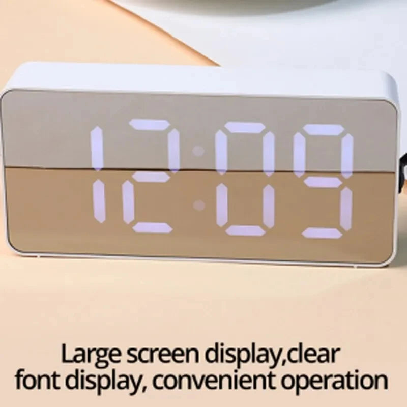 1Pc White LED Mirror Table Clock Snooze Display Time Night Light