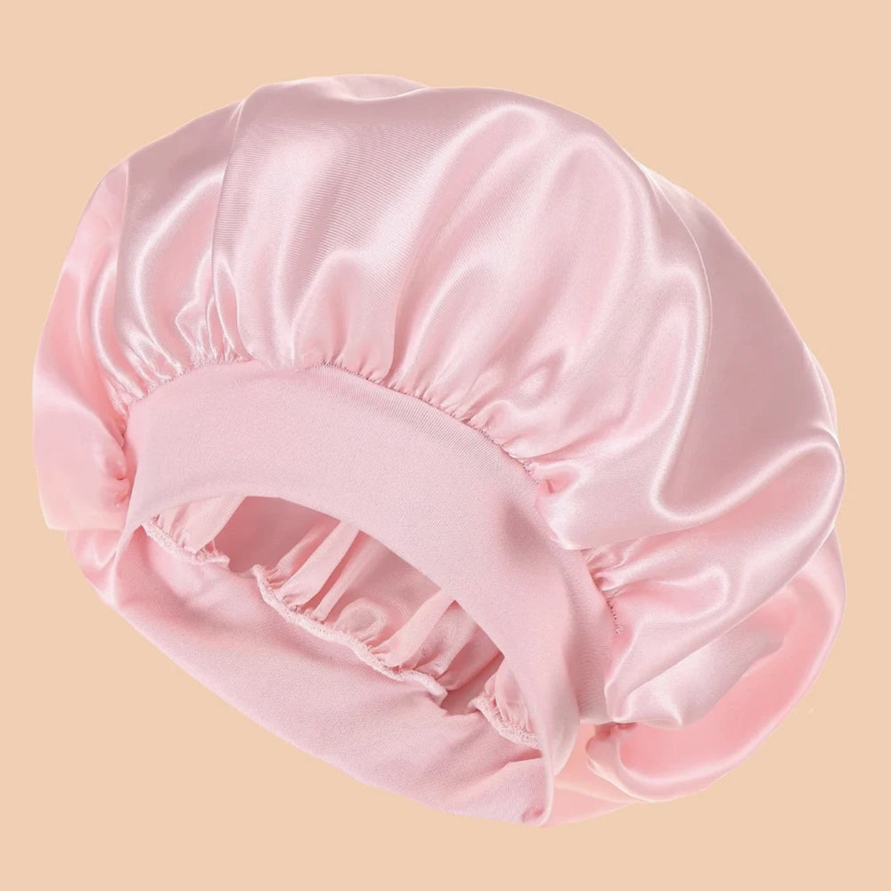 1pc Women's Solid Color Satin Wide-Brimmed Shower Cap, Suitable For