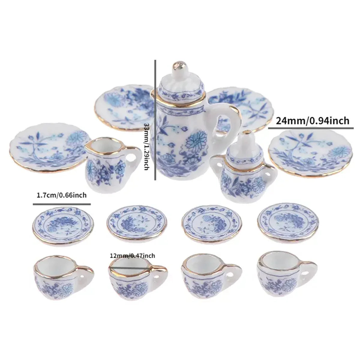 15Pcs/Set Vintage Miniature White Porcelain Tea Set Pot Cup Plate