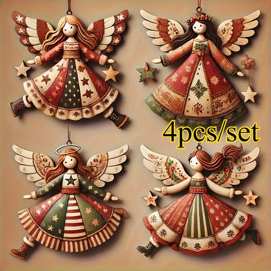 4pcs Handmade Vintage Wooden Angel Christmas Ornaments- Multi-Color