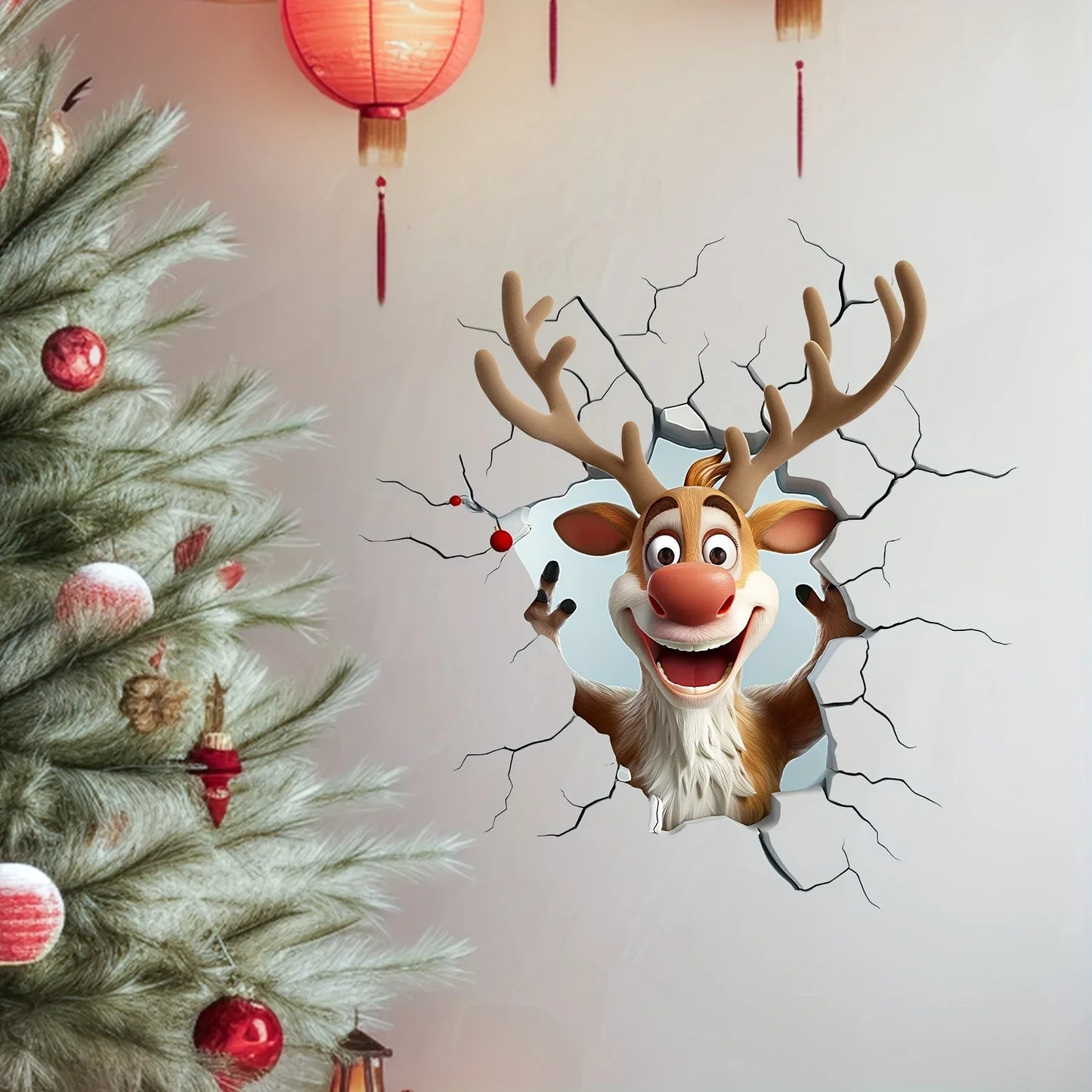 3D Reindeer Break-Through Wall Decal, Vinyl Christmas Wall Stickers,