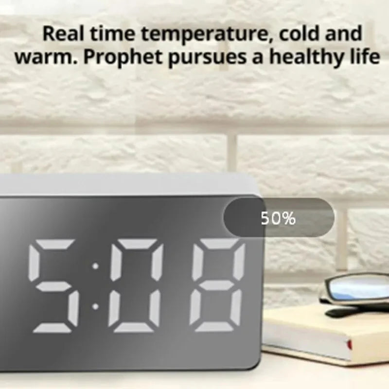 1Pc White LED Mirror Table Clock Snooze Display Time Night Light