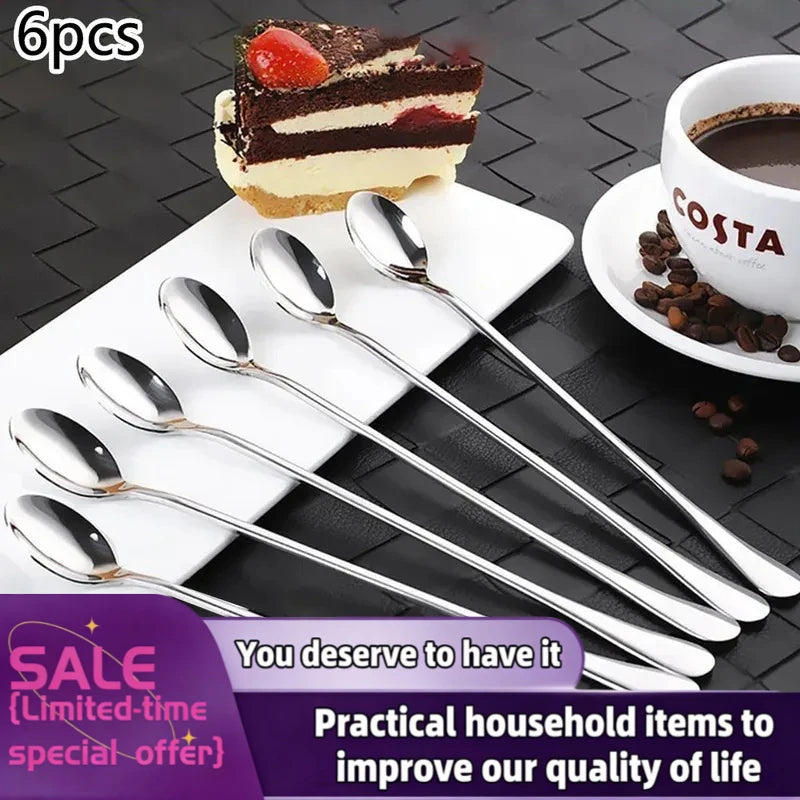 1/6Pcs Stainless Steel Long-Handled Ice Teaspoon, Coffee Spoon, Ice