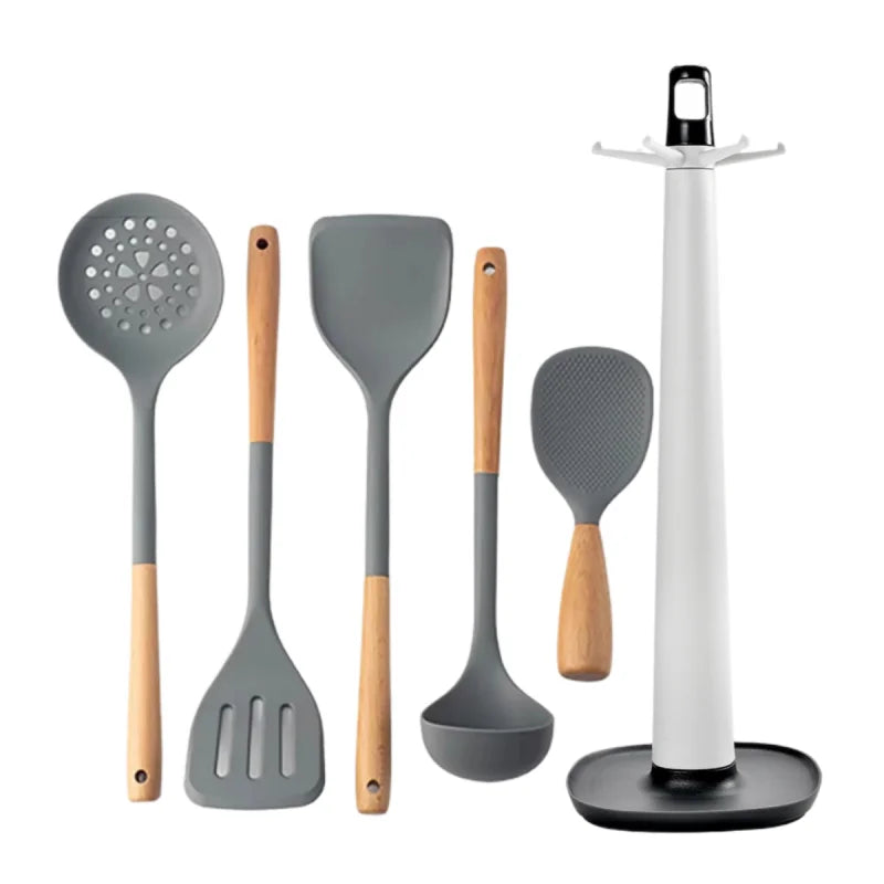 Silicone Kitchen Utensils Set Wooden Handle Non-stick Spatula Cookware