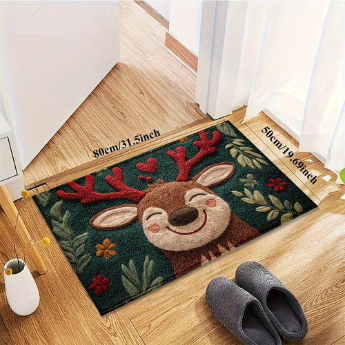 1pc Fluffy Christmas Deer Microfiber Bath Mat - Quick-Dry & Absorbent,