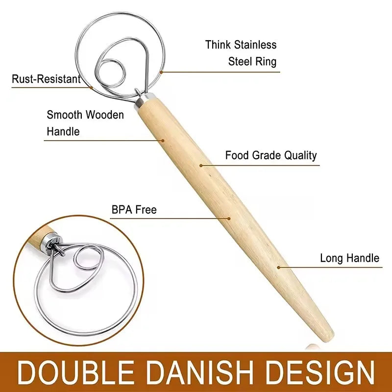 Large Hand Danish Dough Whisk Bread Mixer Stainless Steel Cake Pastry