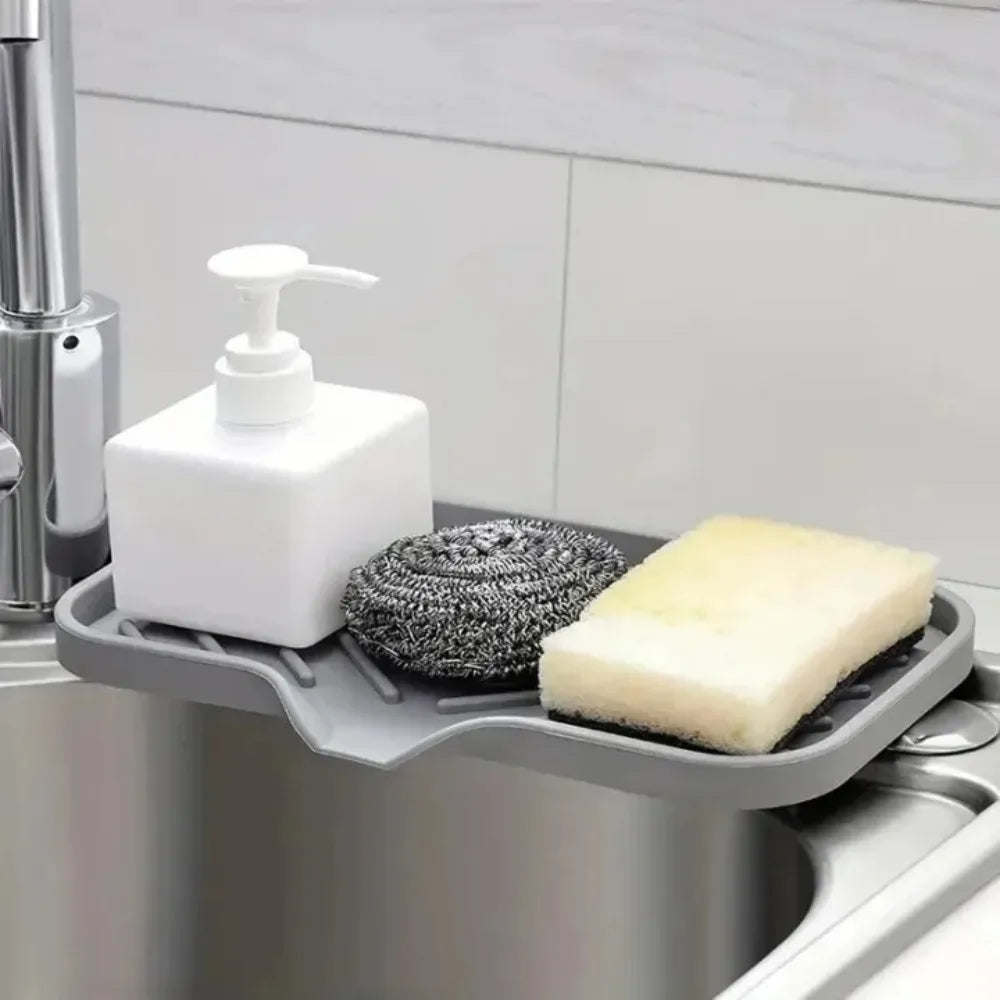 Sink Silicone Tray with Drain Soap Sponge Storage Holder Countertop
