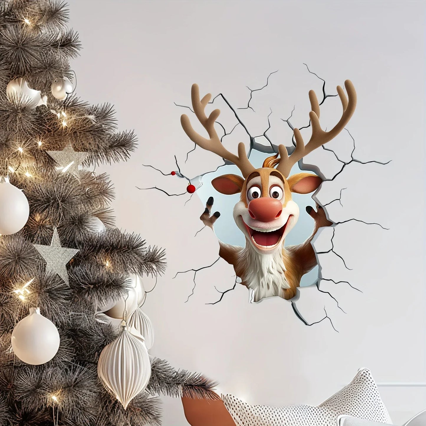 3D Reindeer Break-Through Wall Decal, Vinyl Christmas Wall Stickers,