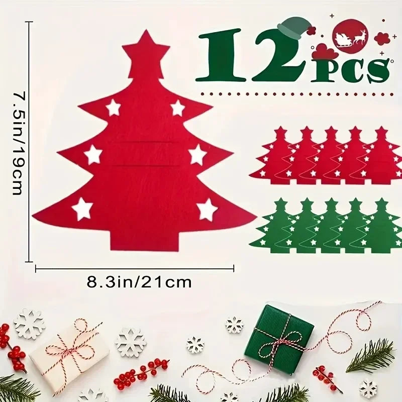 12Pcs Christmas Tree Shaped Felt Cutlery Mats With Stars Decor Durable
