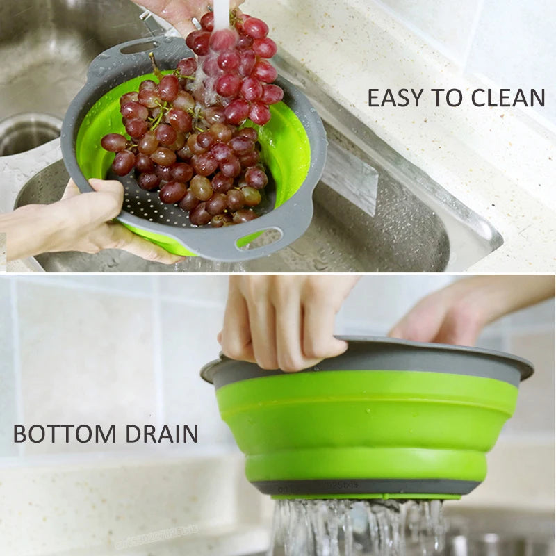 1/2pcs Silicone Round Folding Vegetable Fruits Washing Drain Basket