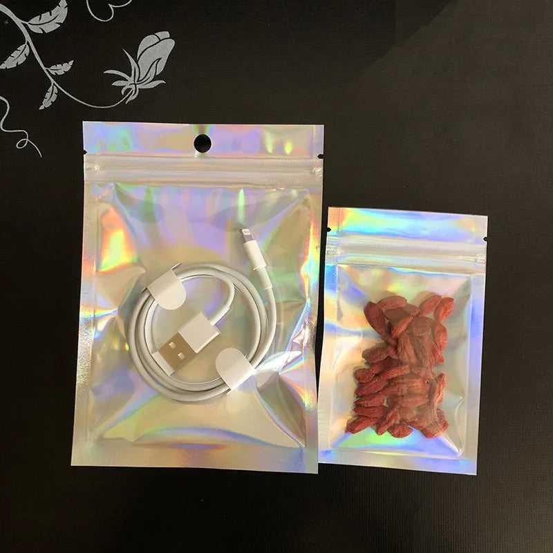 100pcs Holographic Resealable Mylar Bags Ziplock Candy Suger Tee