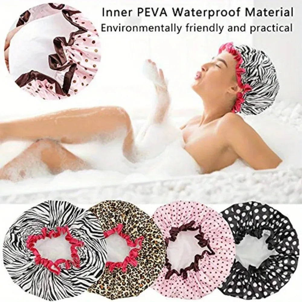 Waterproof Shower Cap for Women – Leopard Print Reusable Bath Hat to