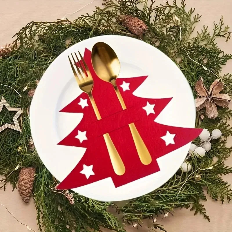 12Pcs Christmas Tree Shaped Felt Cutlery Mats With Stars Decor Durable