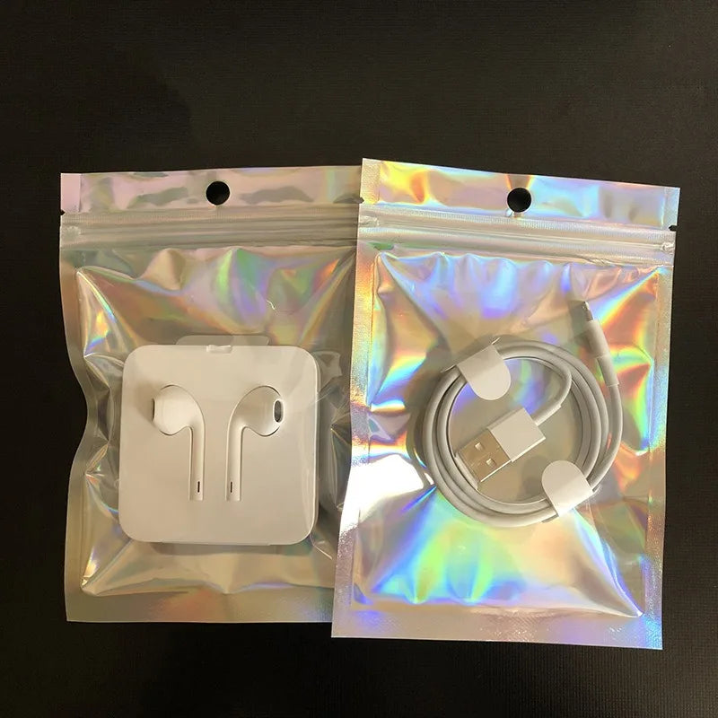 100pcs Holographic Resealable Mylar Bags Ziplock Candy Suger Tee