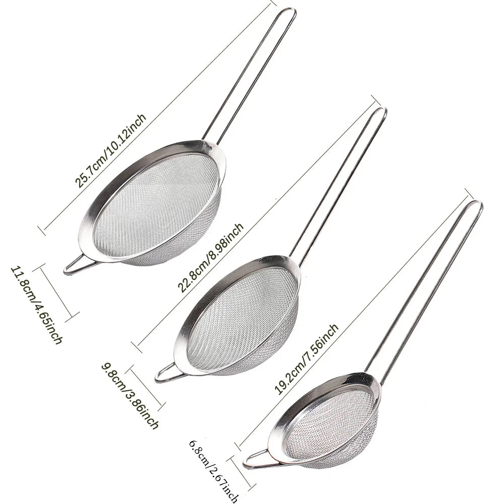 3pcs Fine Mesh Strainers Set Stainless Steel Multipurpose Flour Sieve
