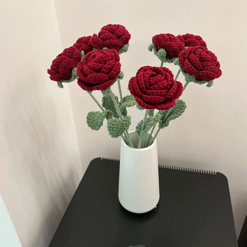 Fake Rose Flowers Hand Knitting Wool Bouquet Crochet Woven Flower