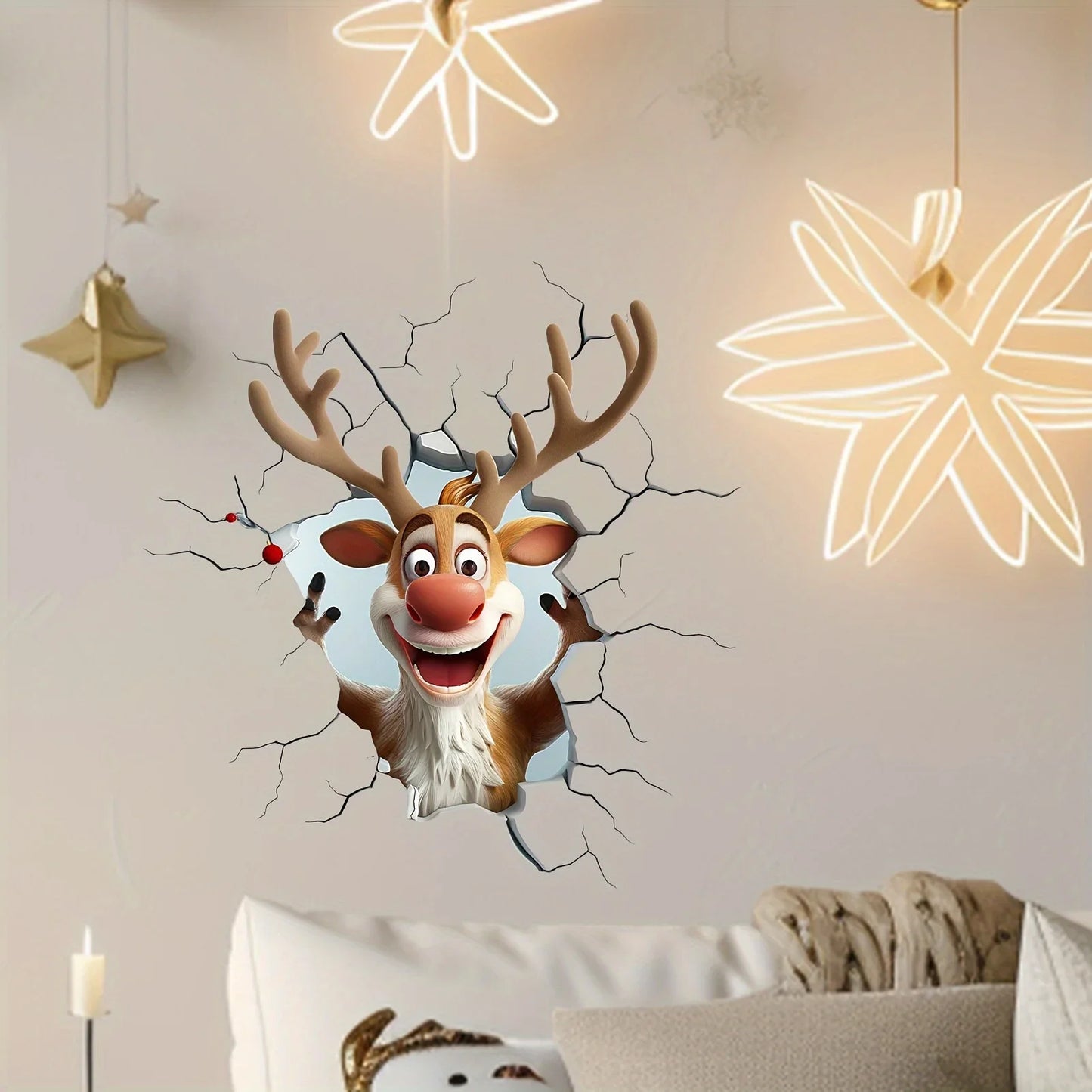 3D Reindeer Break-Through Wall Decal, Vinyl Christmas Wall Stickers,