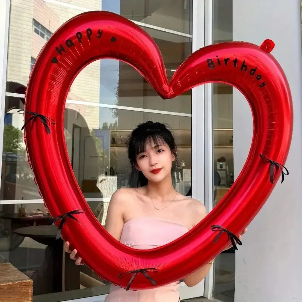 40-inch Happy Birthday Heart Photo Frame Balloon with Bowknot Stickers