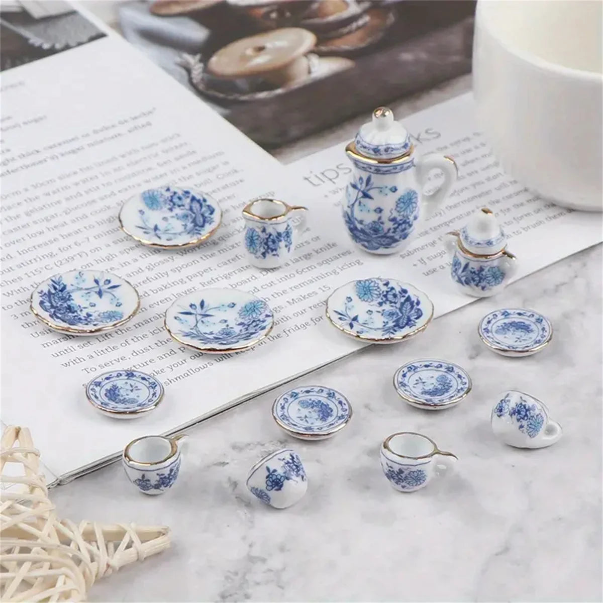 15Pcs/Set Vintage Miniature White Porcelain Tea Set Pot Cup Plate
