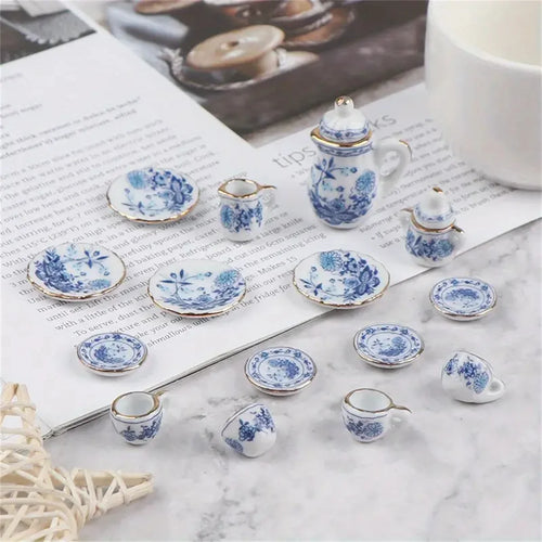15Pcs/Set Vintage Miniature White Porcelain Tea Set Pot Cup Plate