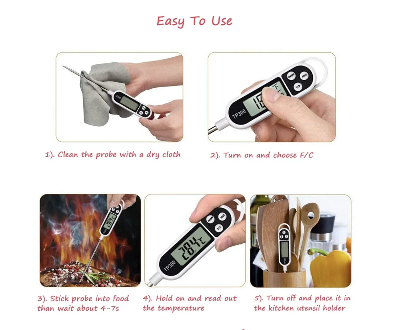 1PCS Food Thermometer TP300 Digital Kitchen Thermometer For Meat