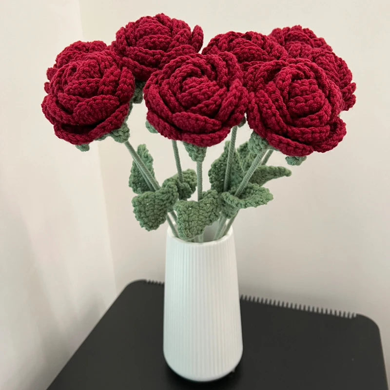 Fake Rose Flowers Hand Knitting Wool Bouquet Crochet Woven Flower