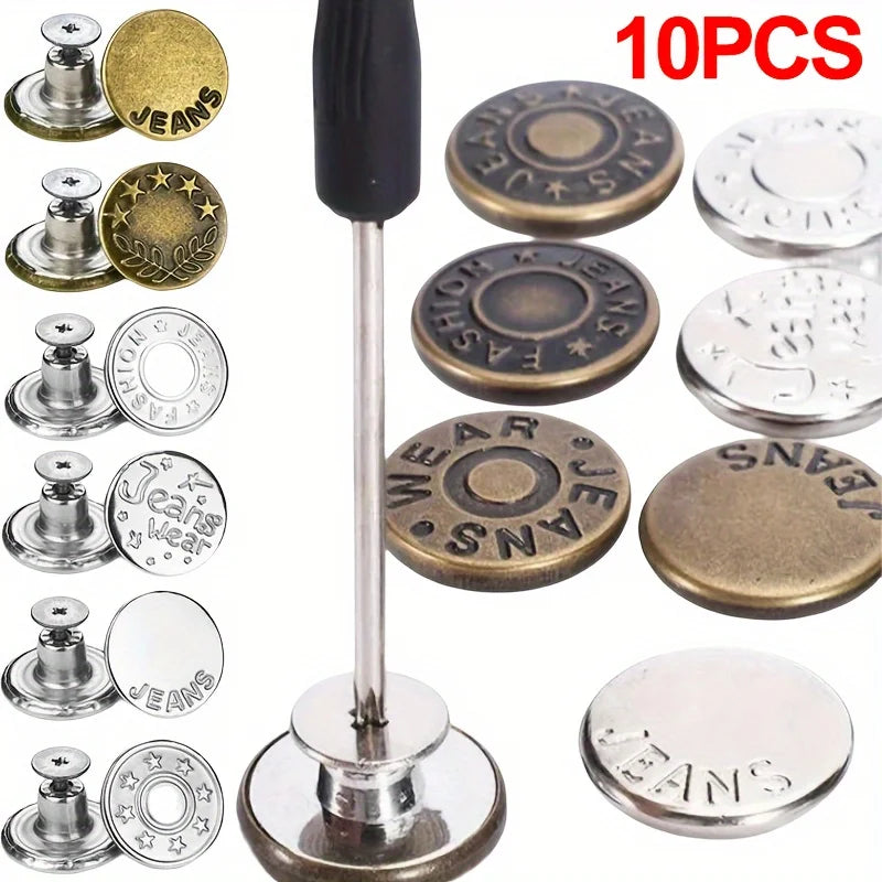 10Pcs Metal Jeans Buttons 17mm Replacement No-Sewing Screw Button