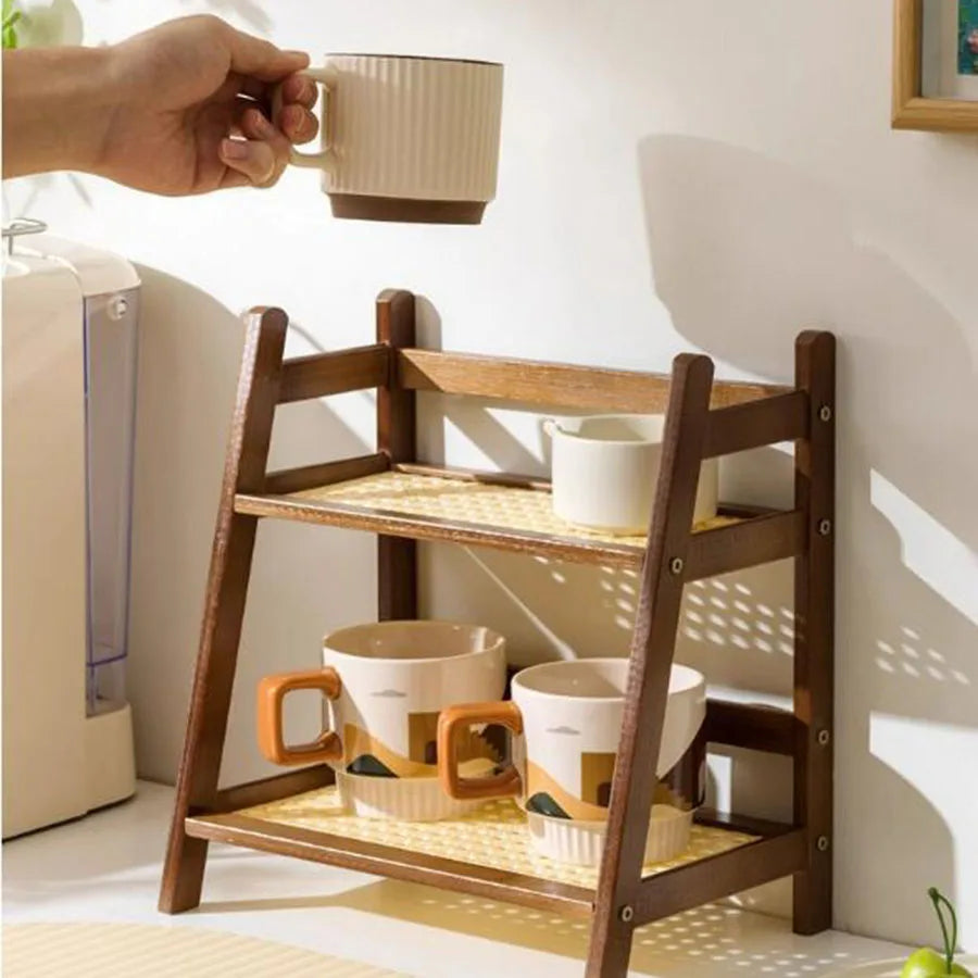 Countertop Organizer 2 Layer Coffee Cup Holder Multipurpose Bamboo