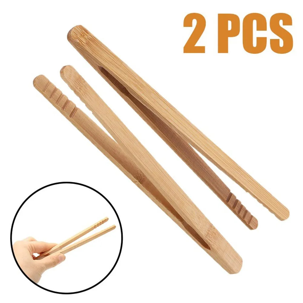 2Pcs 18cm Bamboo Wood Wooden Food Toast Salad Tongs Toaster Bacon