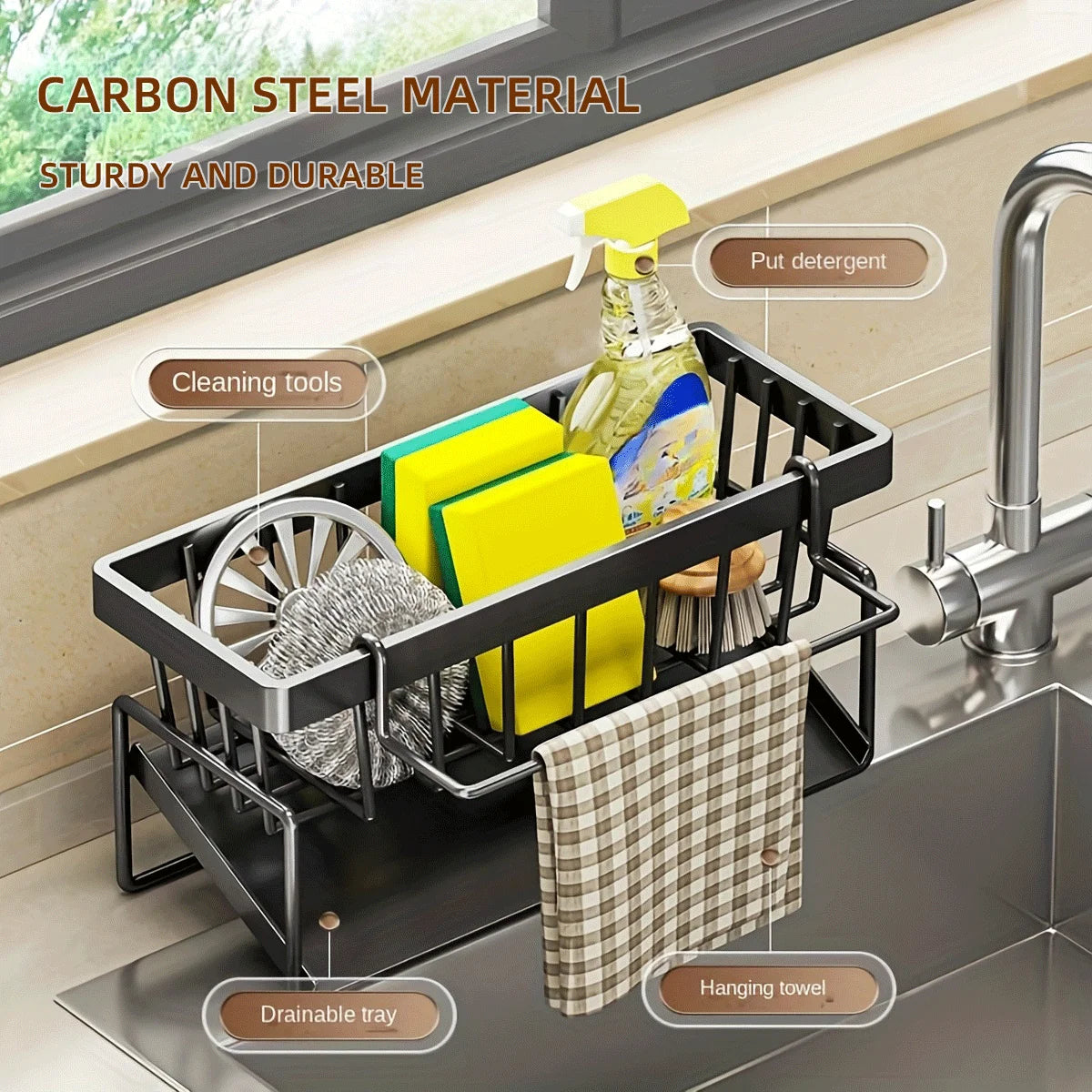 YUJI Stainless Steel Drain Basket Kitchen Storage Rack with Sponge