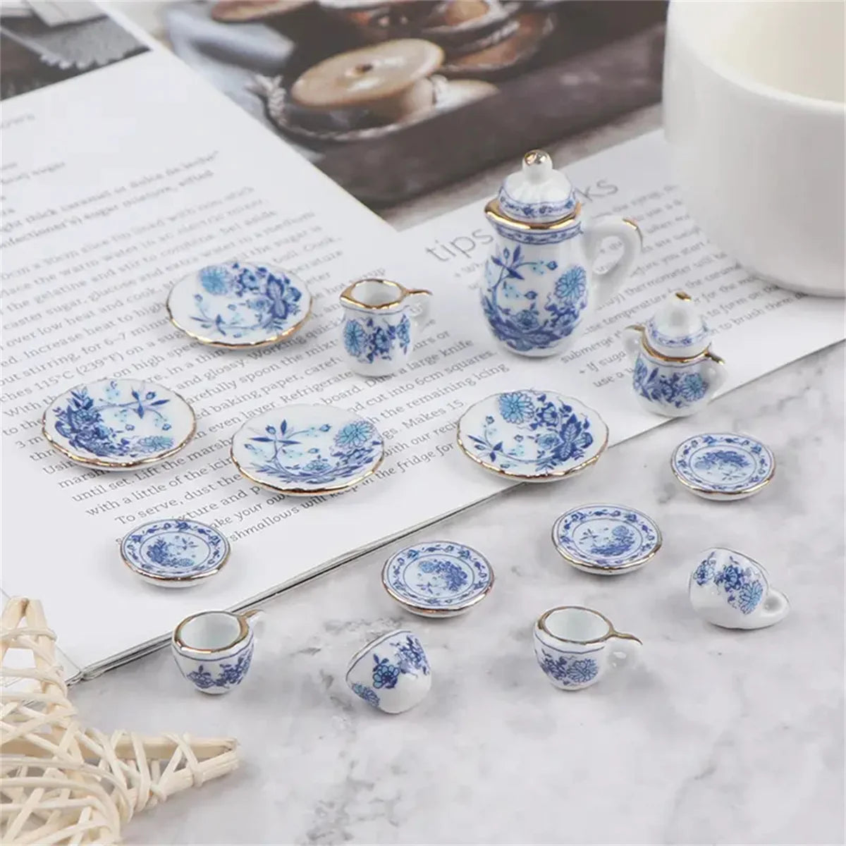 15Pcs/Set Vintage Miniature White Porcelain Tea Set Pot Cup Plate