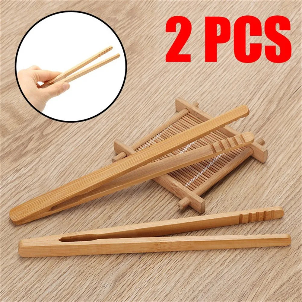 2Pcs 18cm Bamboo Wood Wooden Food Toast Salad Tongs Toaster Bacon
