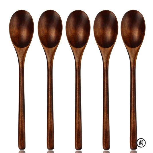 5 Pieces Wooden Spoon Soup Spoon and Fork Tableware Natural Ellipse