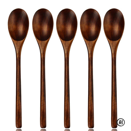 5 Pieces Wooden Spoon Soup Spoon and Fork Tableware Natural Ellipse