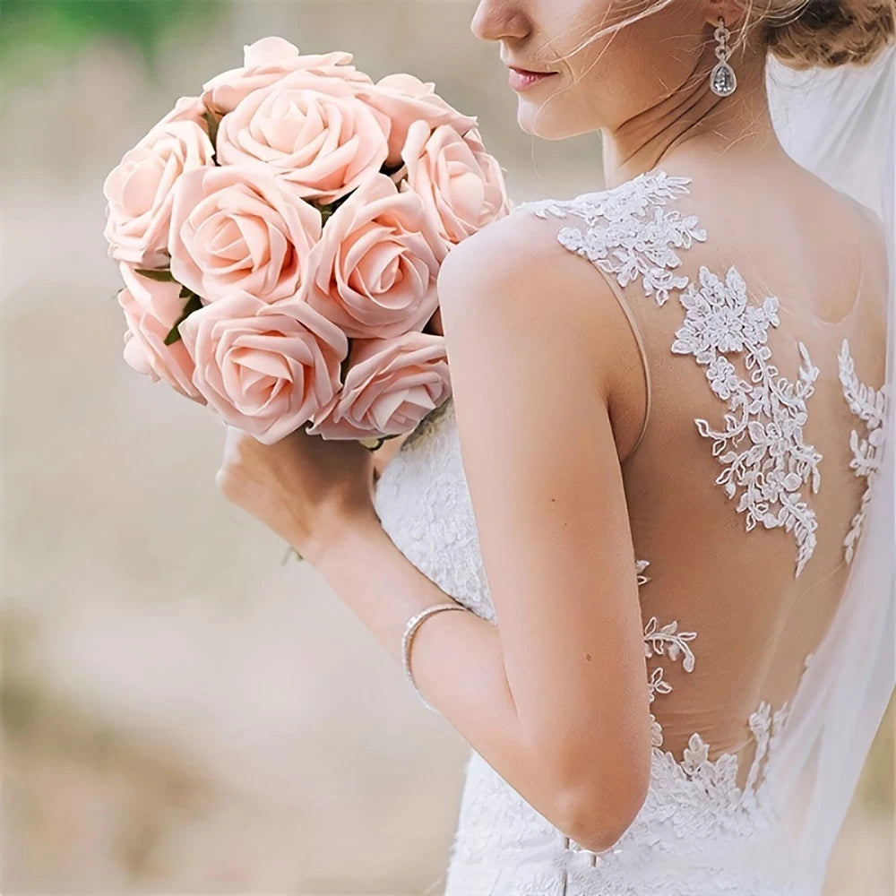 25pcs Artificial Flowers, Fake Flowers Roses W/stem For DIY Wedding