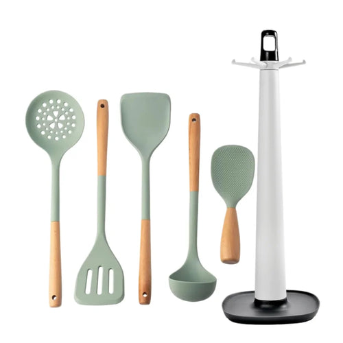 Silicone Kitchen Utensils Set Wooden Handle Non-stick Spatula Cookware