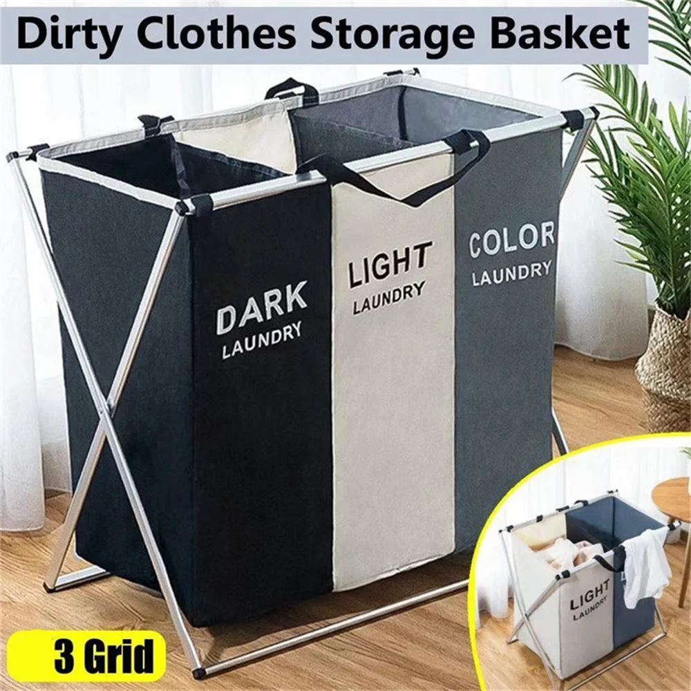 3 Grids Laundry Basket Foldable Dirty Clothes Organizer Bathroom