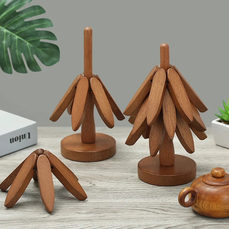 4PCS Tree Design Stand Bamboo Wooden Trivets Decorative Anti Scald