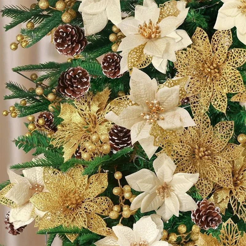 Gold Red Christmas Decoration Glitter Artifical Flowers Christmas Tree
