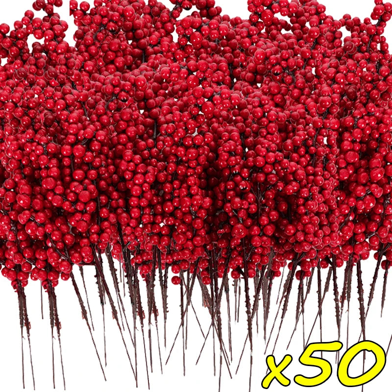 50/1branch Christmas Artificial Berries Stem Red Holly Berry Fake