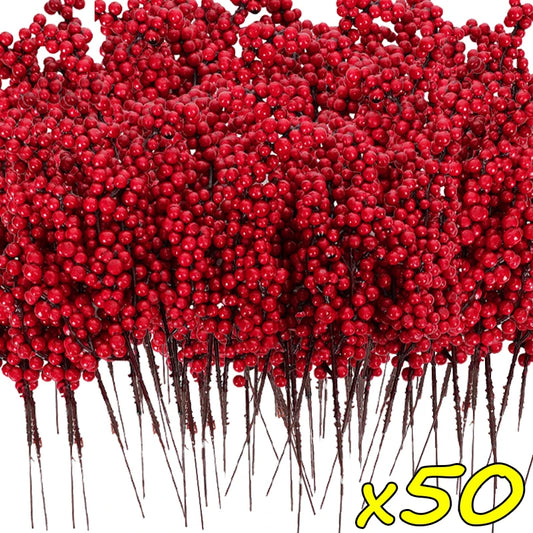 50/1branch Christmas Artificial Berries Stem Red Holly Berry Fake