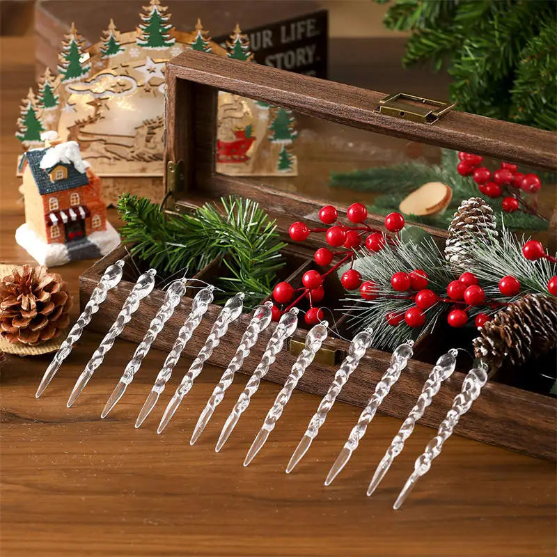 12/24Pcs Crystal Snowflake Clear Simulation Ice Pendants Xmas Tree