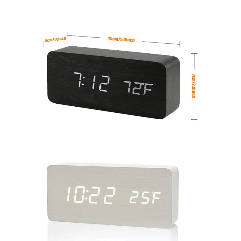 Wooden Digital Alarm Clock, LED Alarm Clock with Temperature Desk