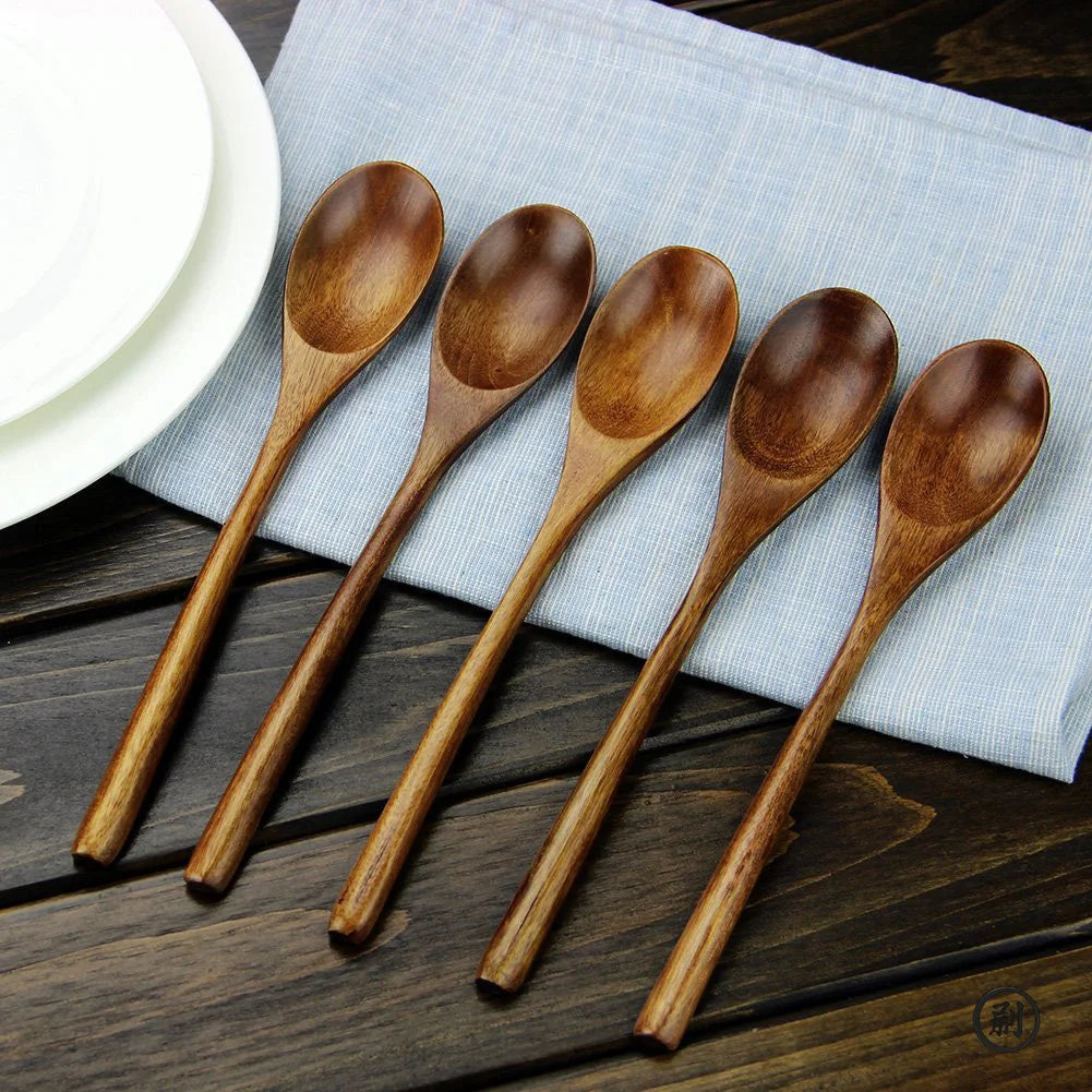 5 Pieces Wooden Spoon Soup Spoon and Fork Tableware Natural Ellipse