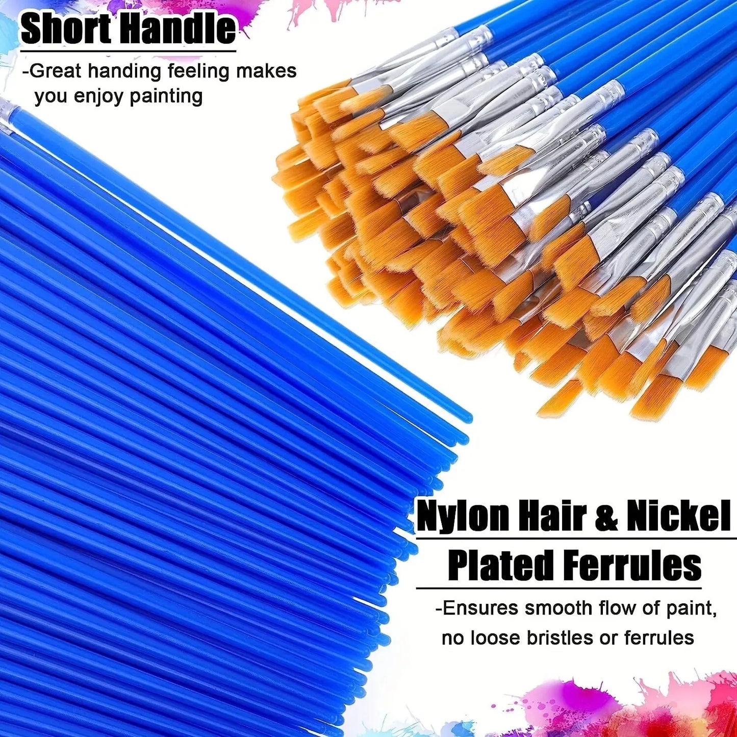 50Pcs Painting Brushes Set Art Round Flat Hair Nylon Hair Paint Brush