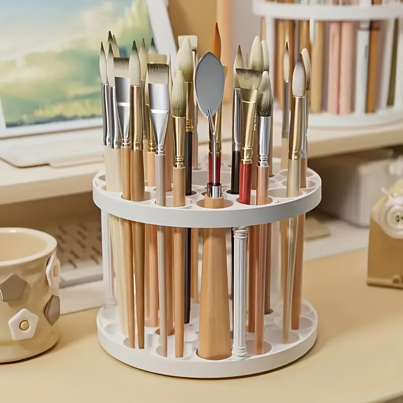 360° Rotating Brush Holder - White Plastic Organizer with Glaze