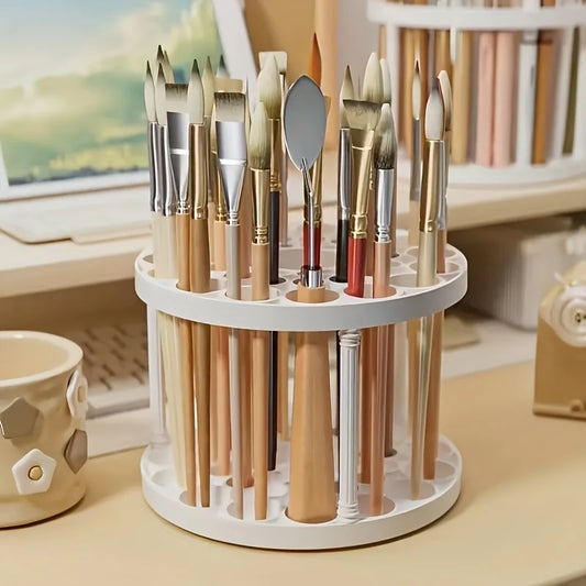 360° Rotating Brush Holder - White Plastic Organizer with Glaze