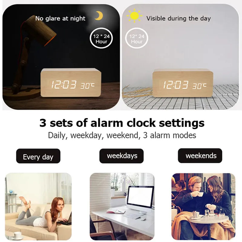 Wooden Digital Alarm Clock, LED Alarm Clock with Temperature Desk
