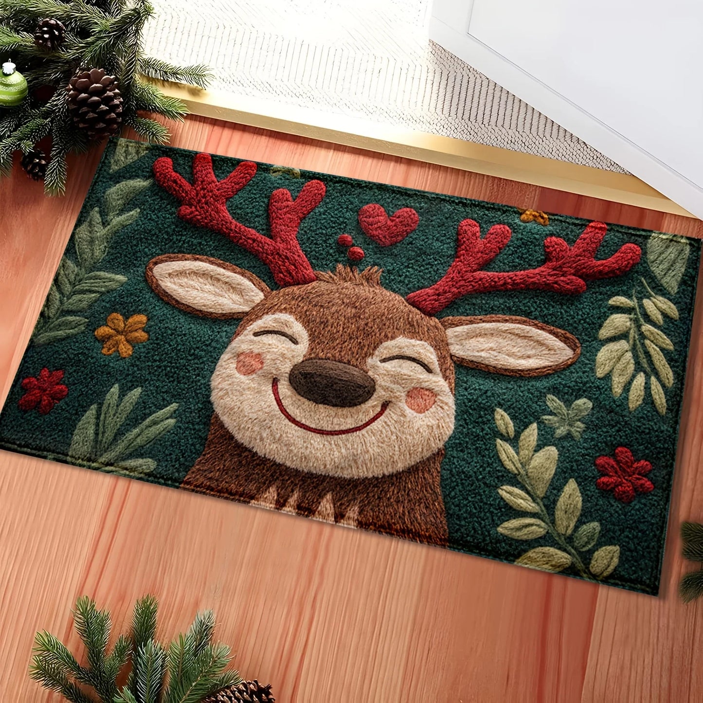 1pc Fluffy Christmas Deer Microfiber Bath Mat - Quick-Dry & Absorbent,